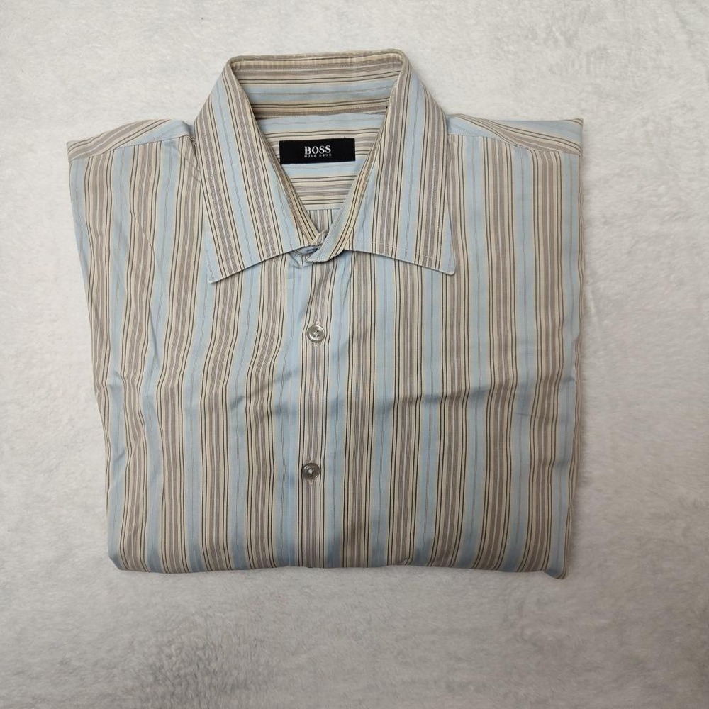 Hugo Boss Shirt Mens 16 Blue Striped Dress Long Sleeve Point Collar Barrel Cuff